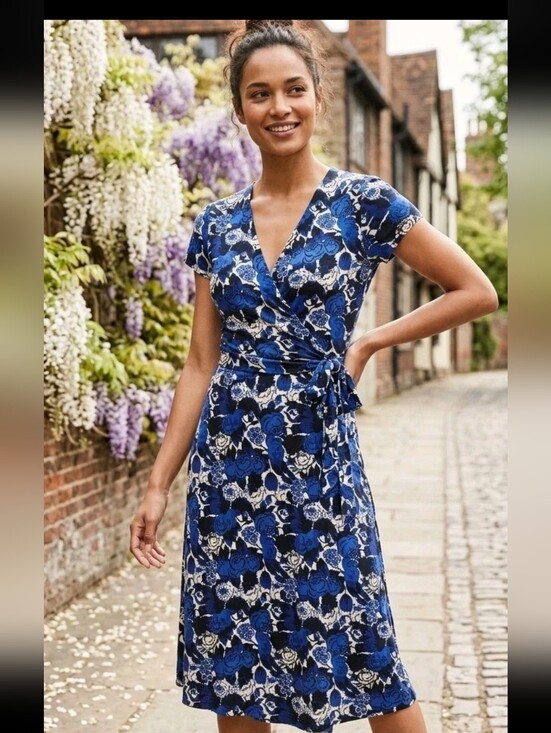 Boden Dresses & Skirts - Boden Blue Floral Jersey Wrap Dress US 4R UK 8R Short Sleeve V-Neck Knee Length